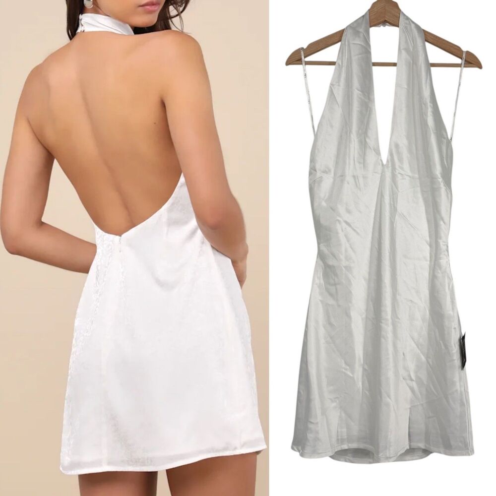 Lulus White Satin Halter Mini Dress S Bridal Bachelorette Wedding Rehearsal